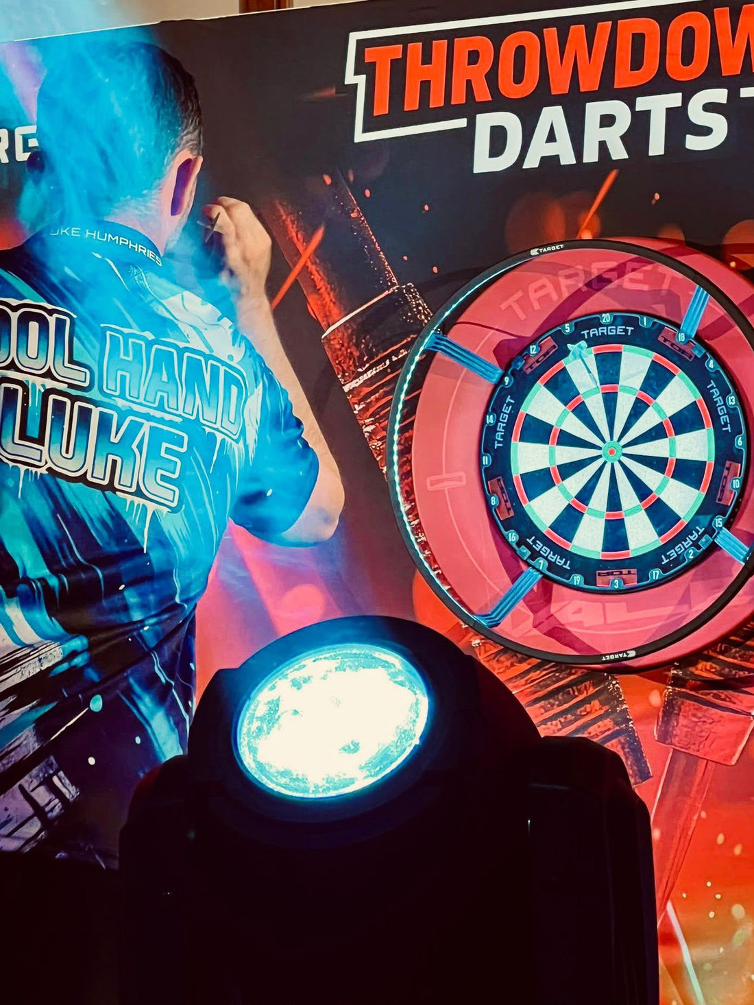 Little Lucas 180 with his hero Luke Humphries at Throwdown Darts, The Copthorne, Dudley