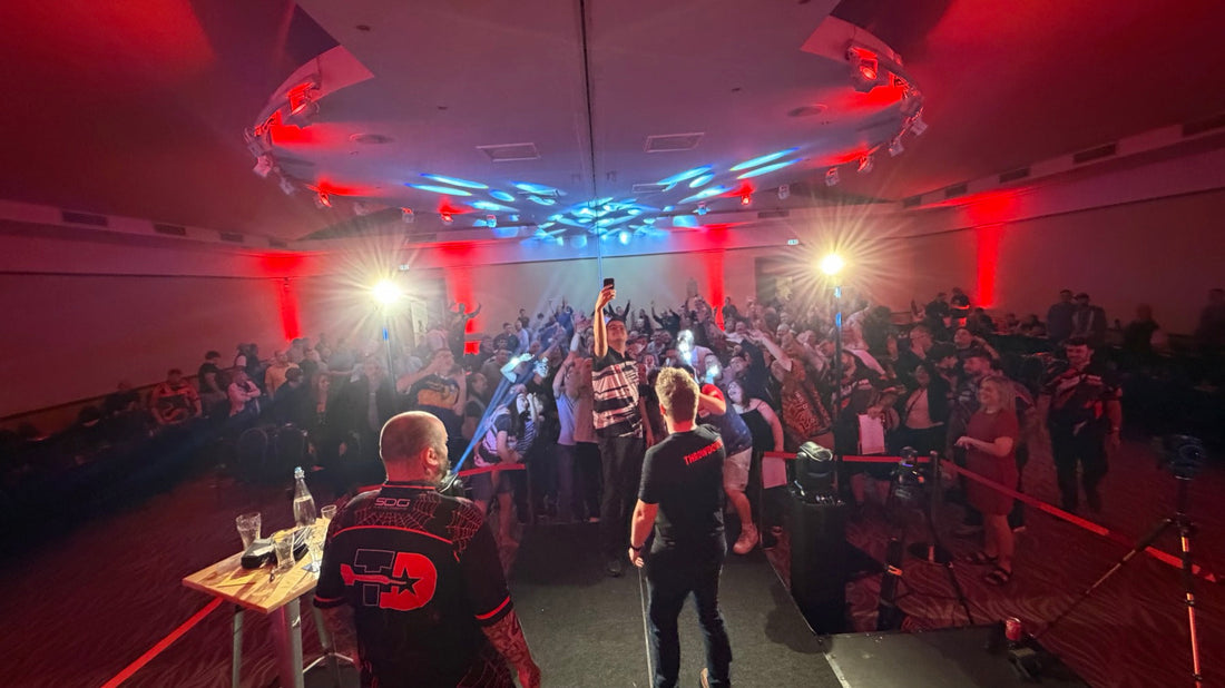 Gian van Veen takes a selfie with the crowd at Throwdown Darts, The Copthorne, Dudley